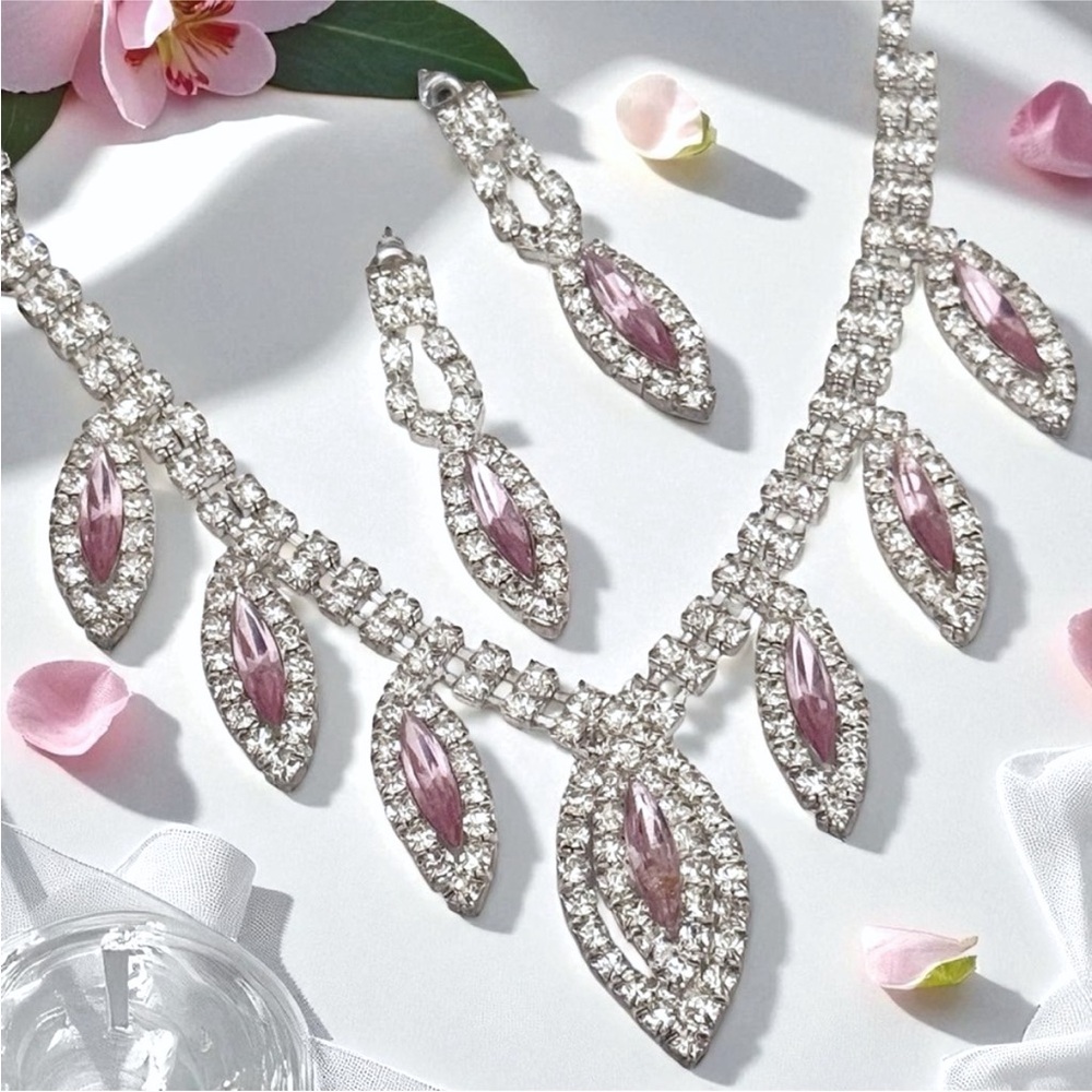 Timeless Classic Aged Rhinestone Necklace Pink Stones and Matching Earrings